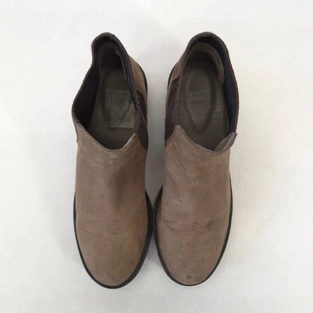 Eileen Fisher Brown Leather Platform Wedge Ankle Boots Nubuck Size 10